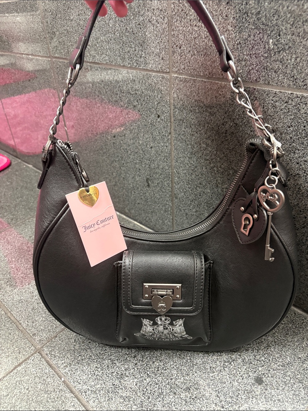Exclusive Juicy Couture Black Crescent Shoulder Bag with Key Charm